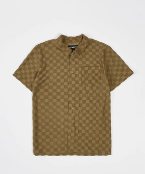 Non Restrictive Mobility Hidden Pocket Design Checkerboard Towel Color Blocked Short Sleeve Button Down Shirt - Brown