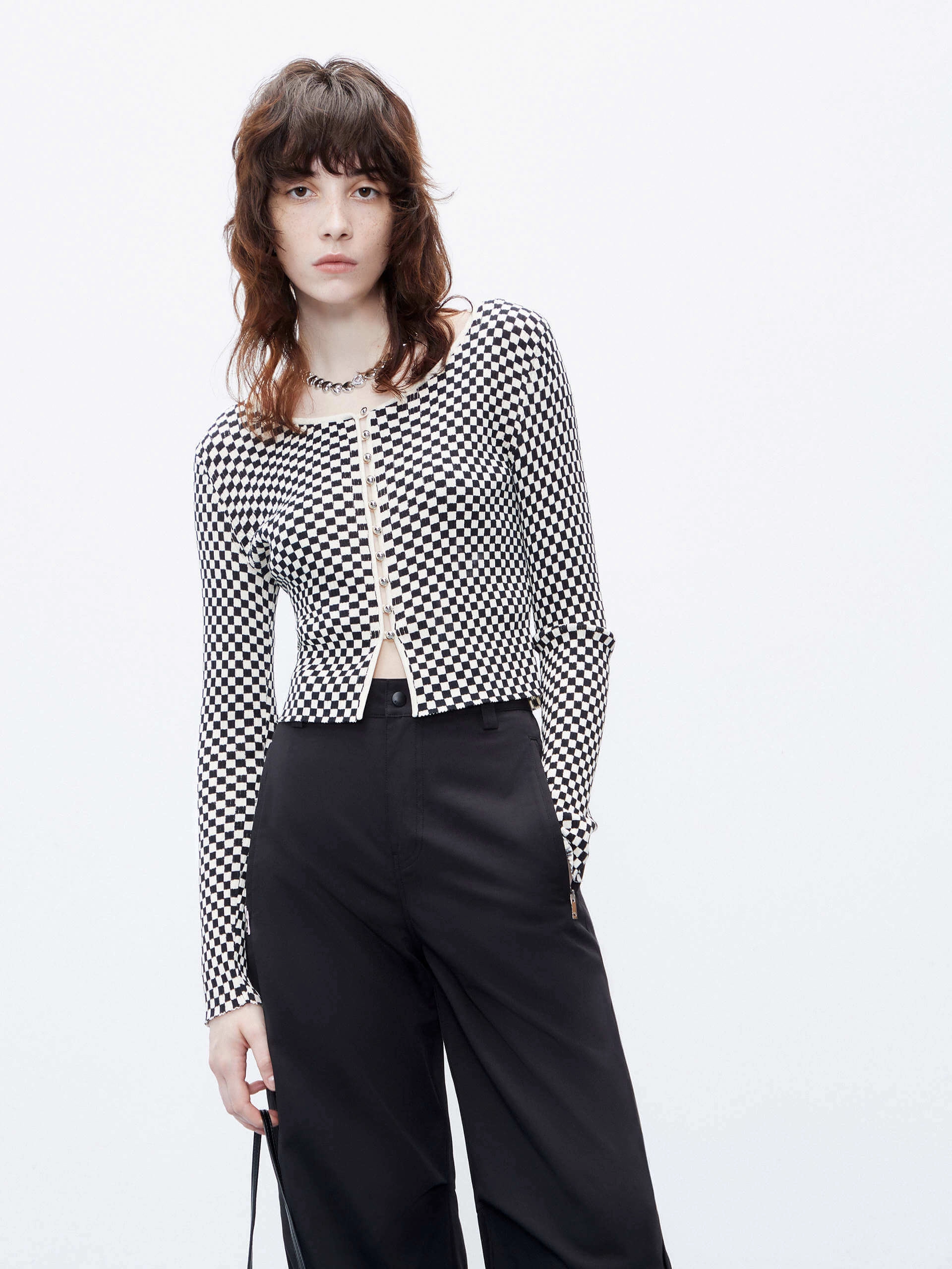 Checkered Pattern Crop Cardigan Layered Sleeve