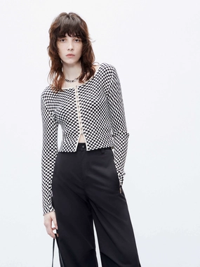 Checkered Pattern Crop Cardigan Flexible Hemline DurableReinforcement