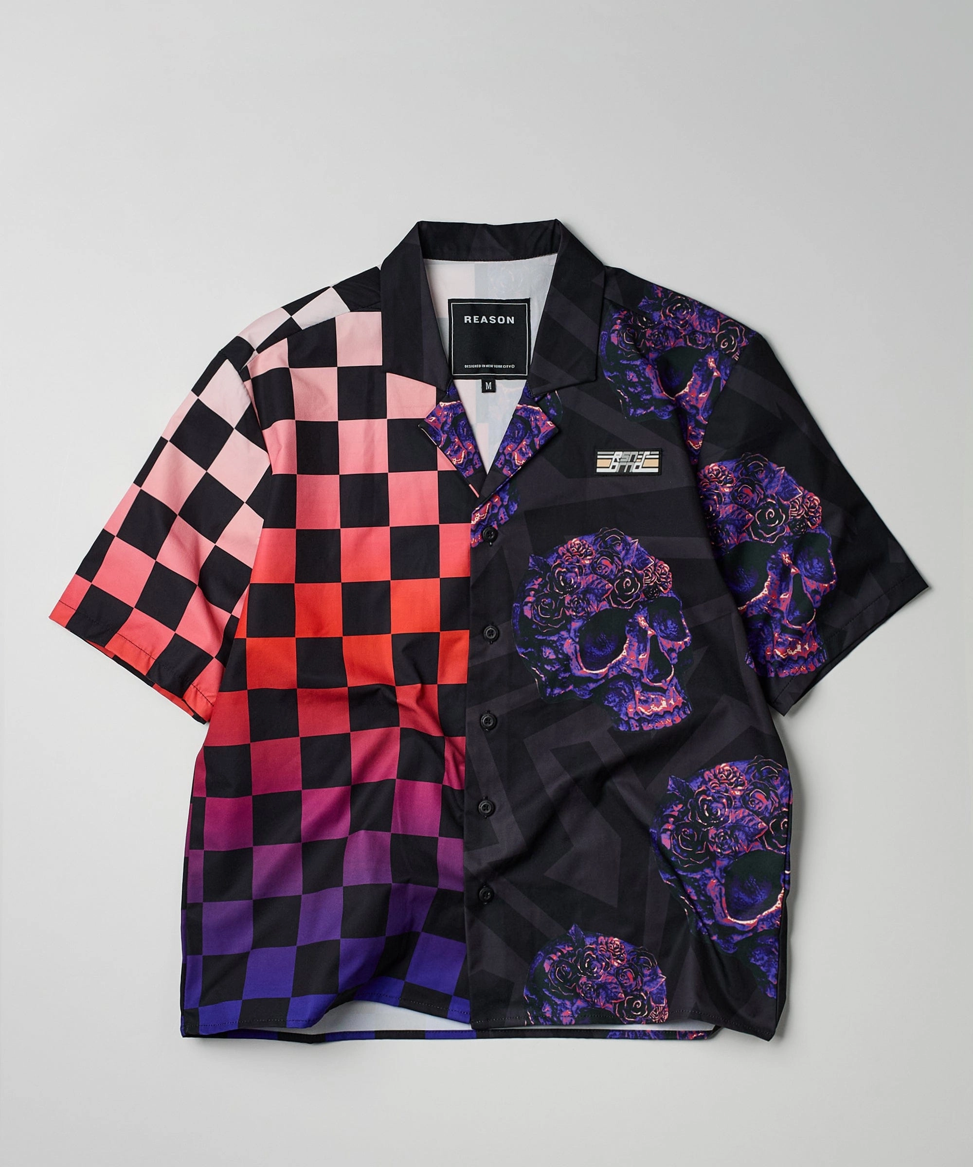 Checkers And Skulls Split Woven Short Sleeve Shirt Stretchable Waistband ReflectiveTrim