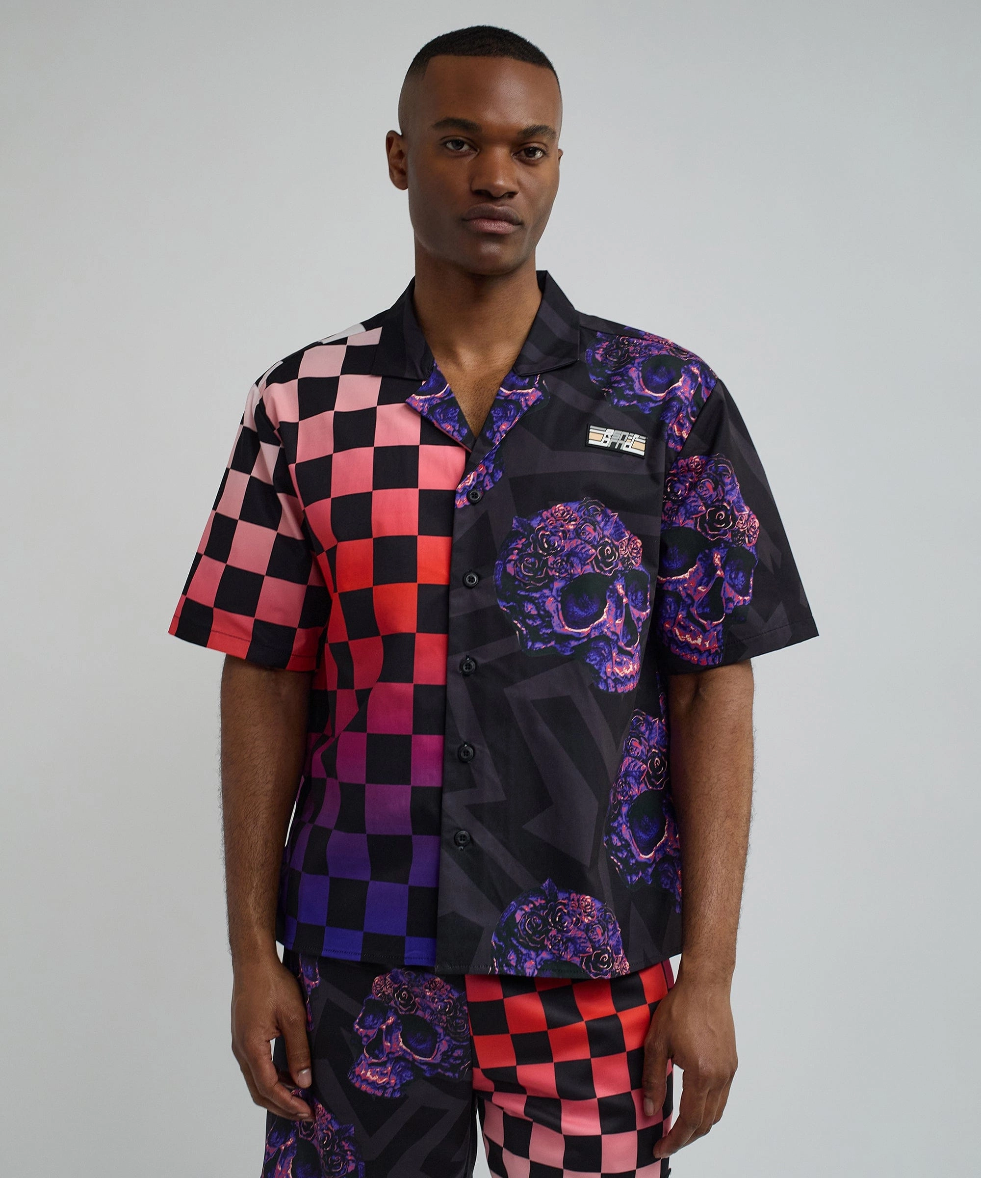 SnagProof Relaxed Dress Checkers And Skulls Split Woven Short Sleeve Shirt