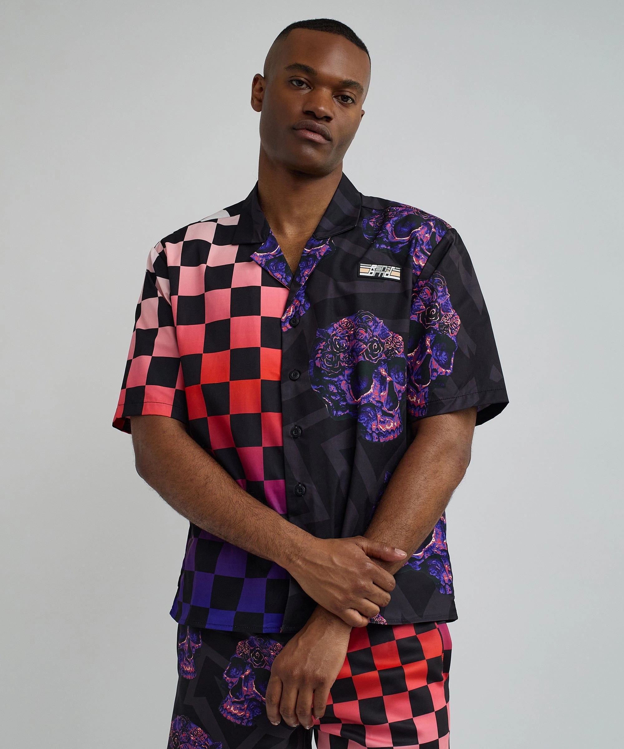 FrenchTerry Durable Reinforced Elbow Patches Checkers And Skulls Split Woven Short Sleeve Shirt