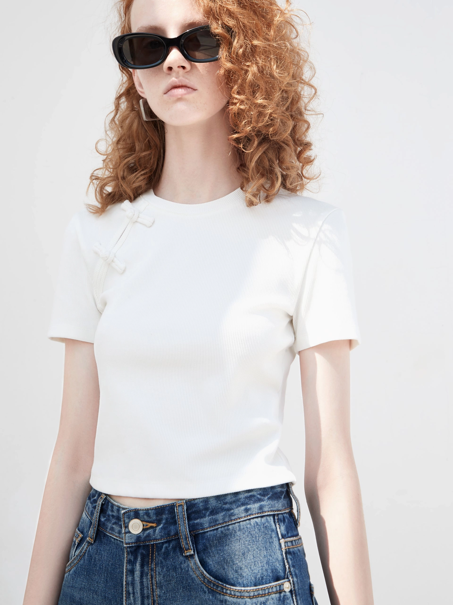 Best Seller Anti Shrinkage Treatment Cheongsam Buckle Ribbed T-shirt