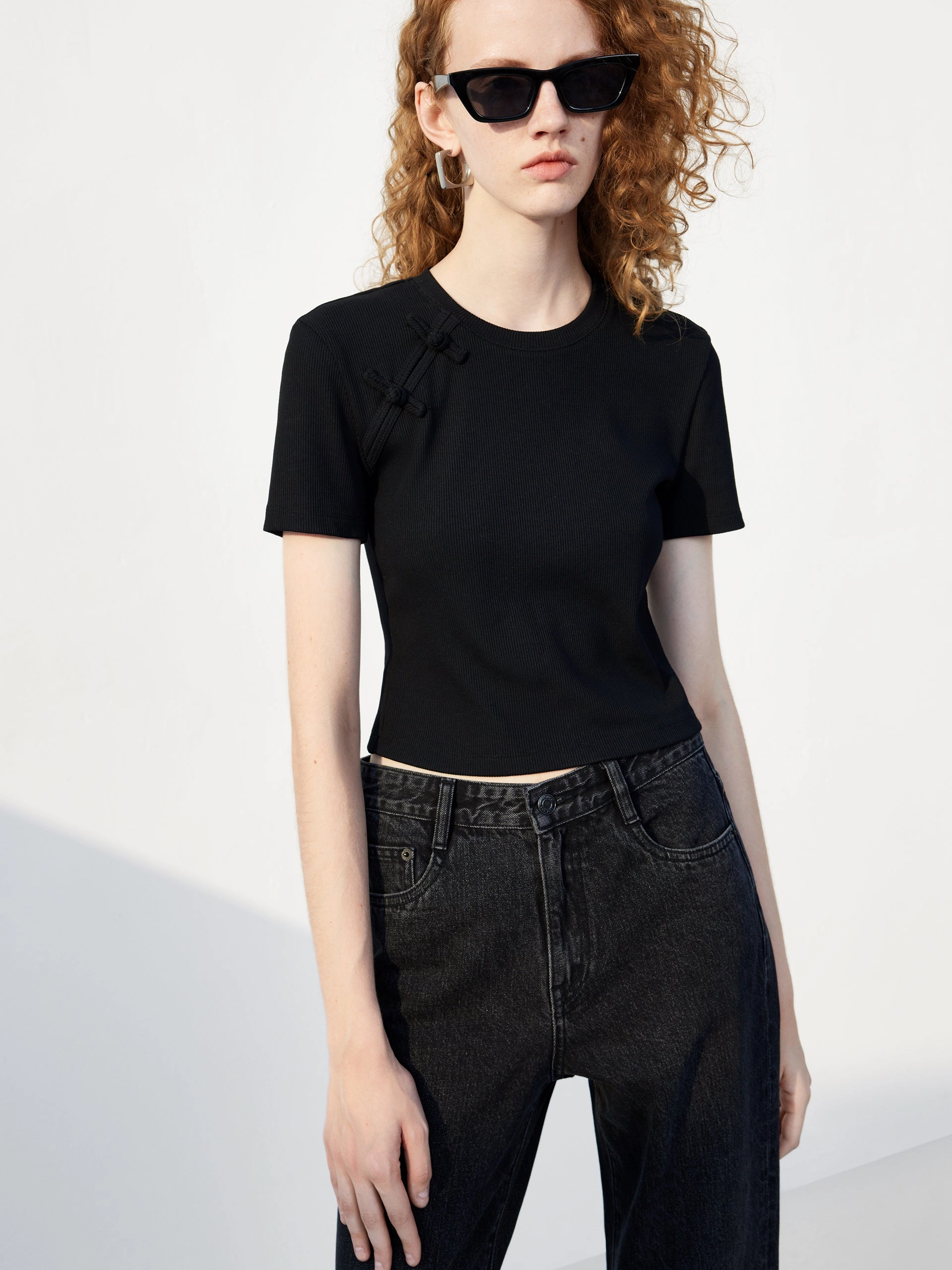 Cheongsam Buckle Ribbed T-shirt Everyday Style Timeless casual wear