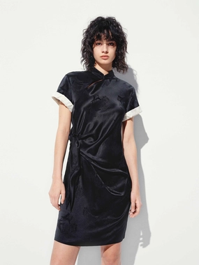 polka-dot Cheongsam Pleated Mini Dress