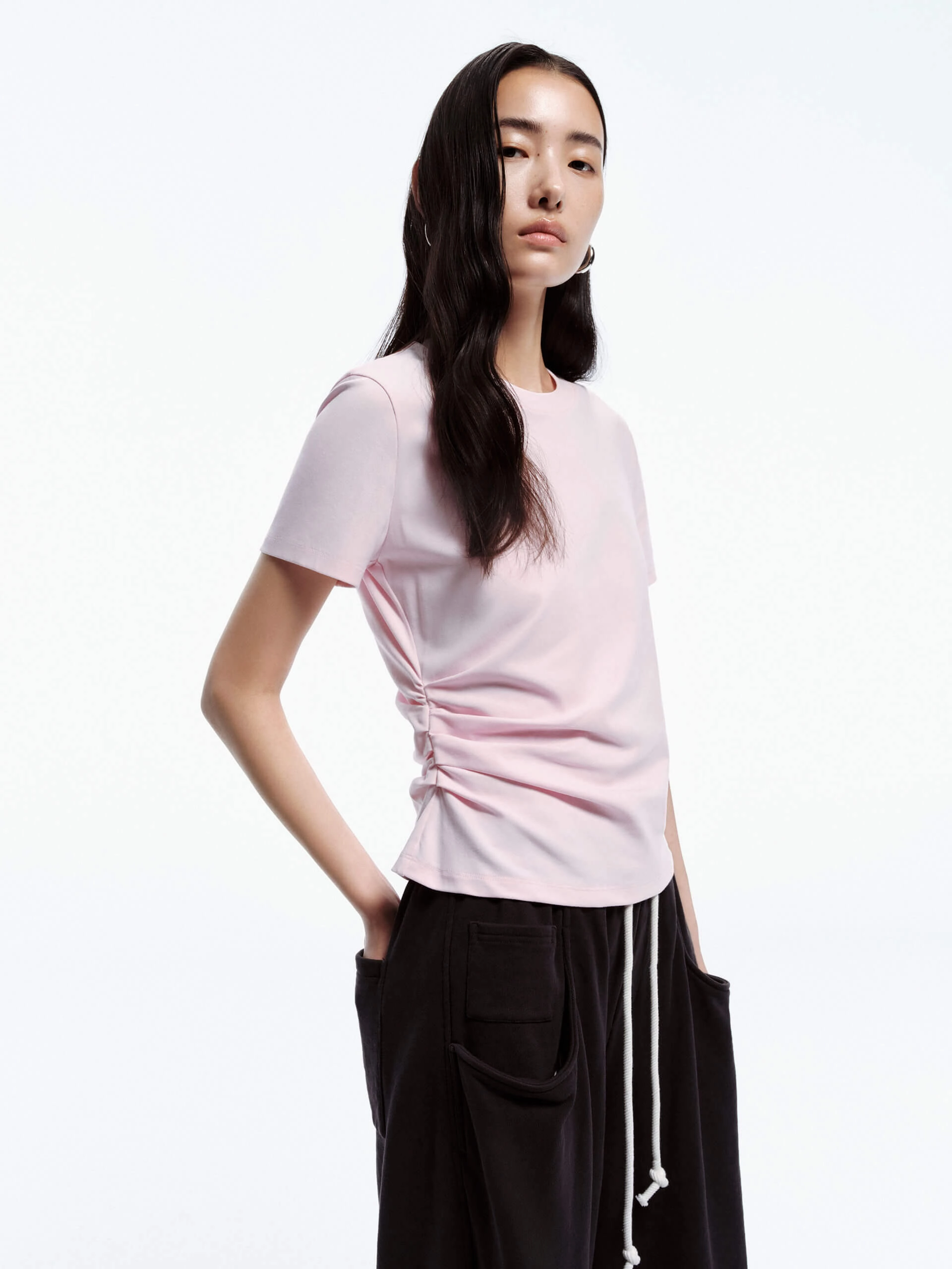 Side Pleated Fitted T-shirt Chilly Wear Daily Outfit Style