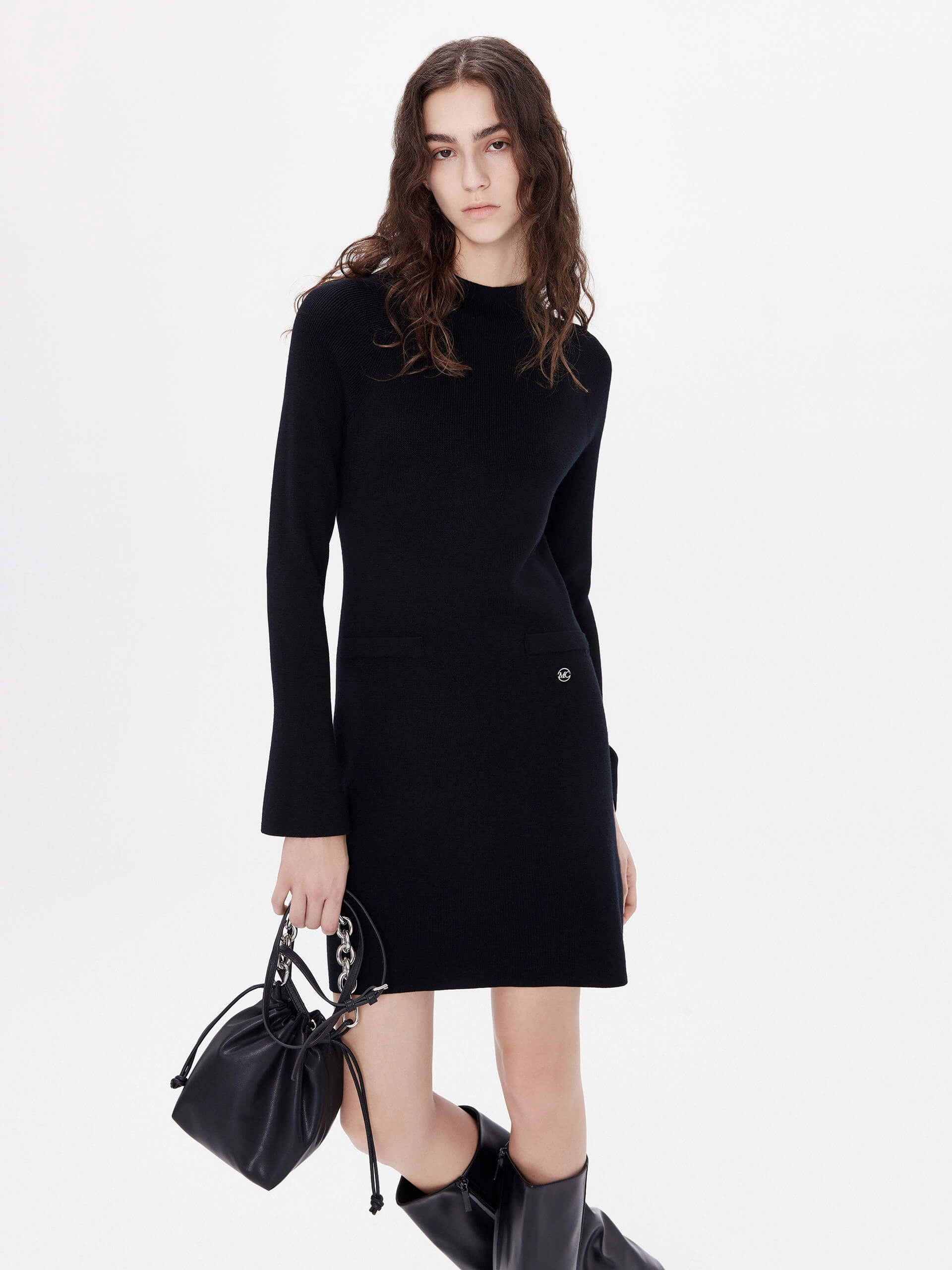 Tiered Skirt Wool Turtleneck Dress