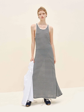 Striped Sleeveless Maxi Dress Open Design Scandi Clean