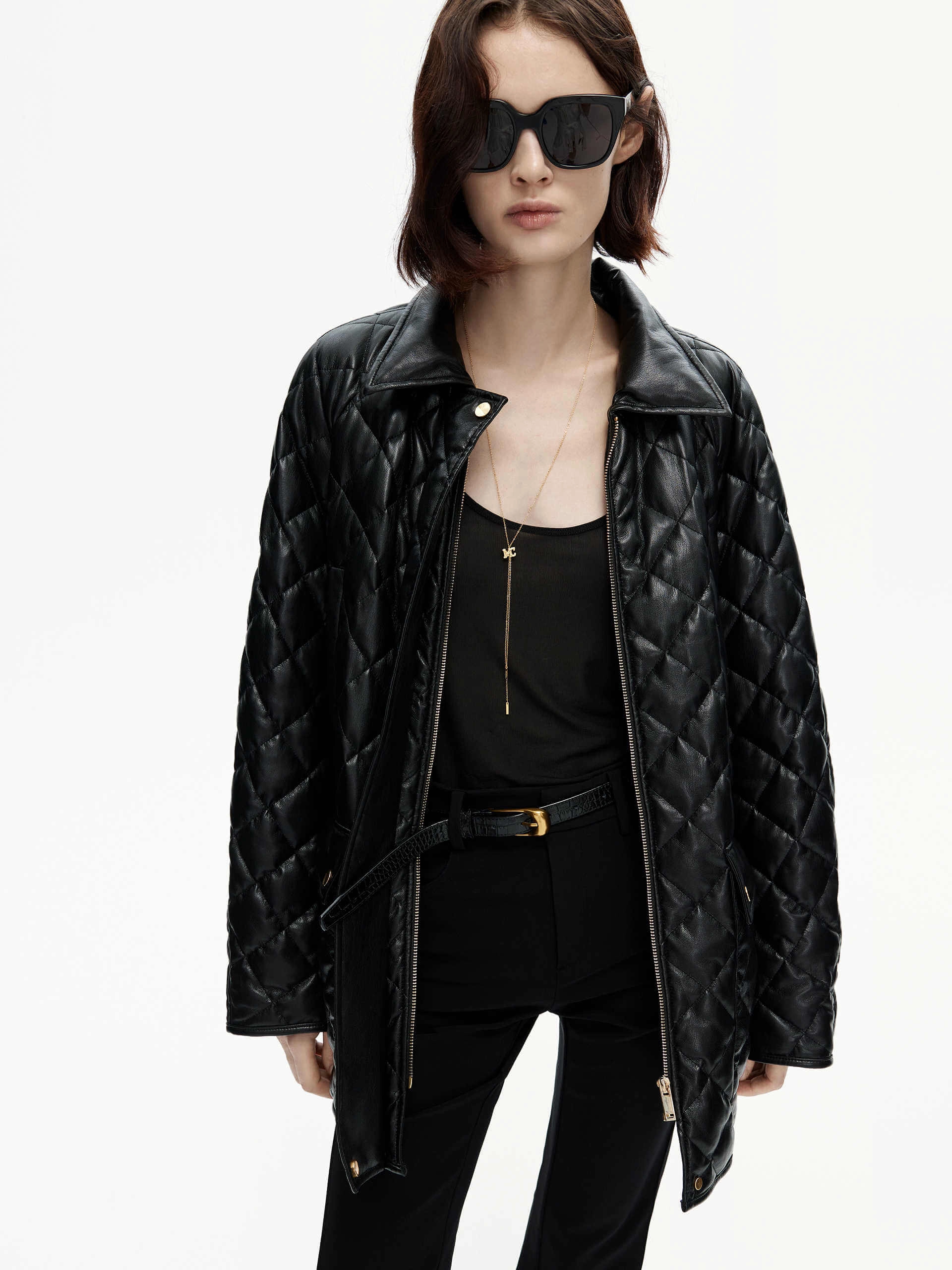 Loose Leather Quilted Jacket Smooth Zipper Track