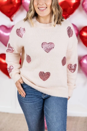 soft fit Layered Style Wear Sequin Heart Sweater In Pink