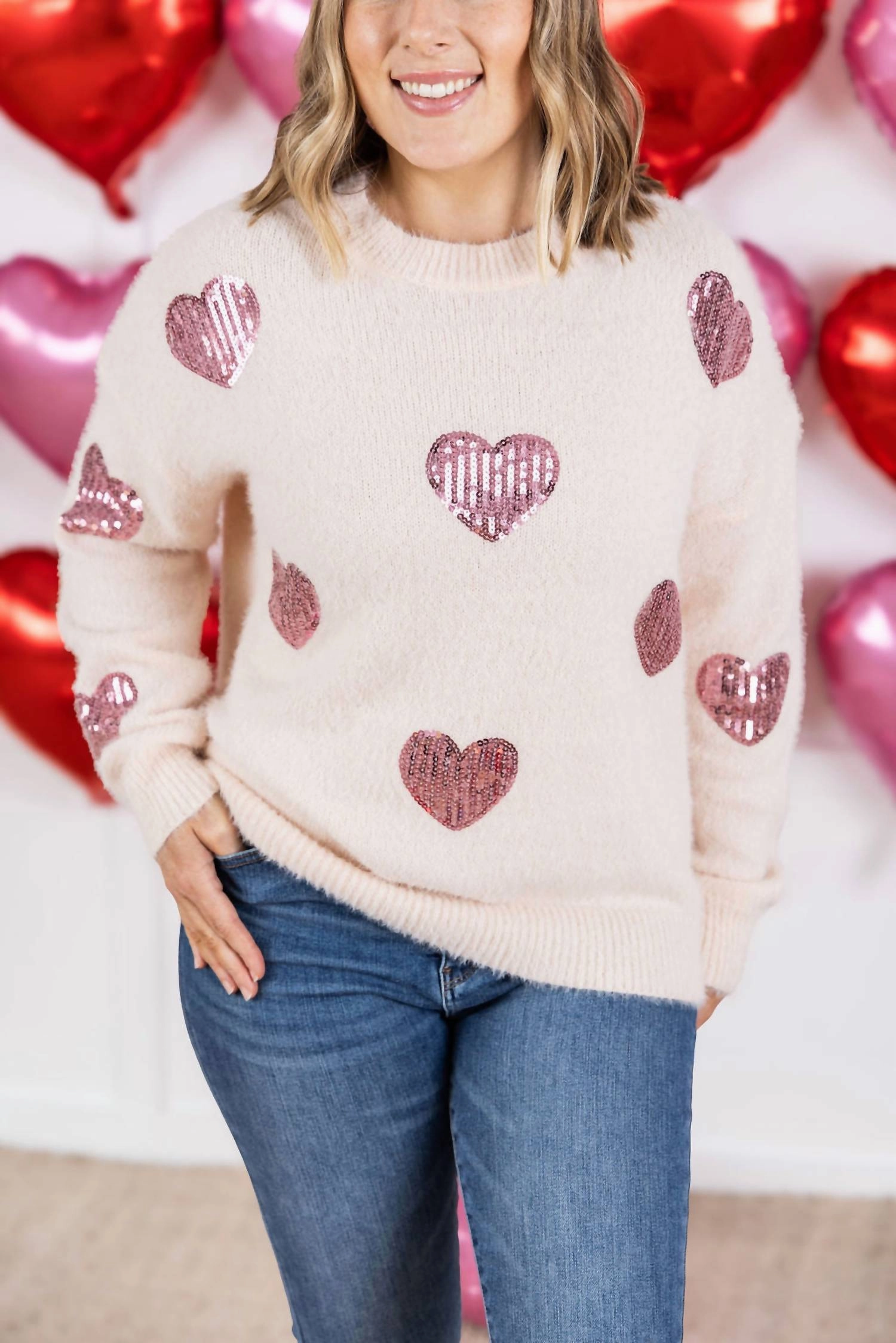 soft fit Layered Style Wear Sequin Heart Sweater In Pink