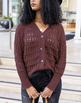 Warm Wear Skip Stitch Cabled Button Sweater In Raisin