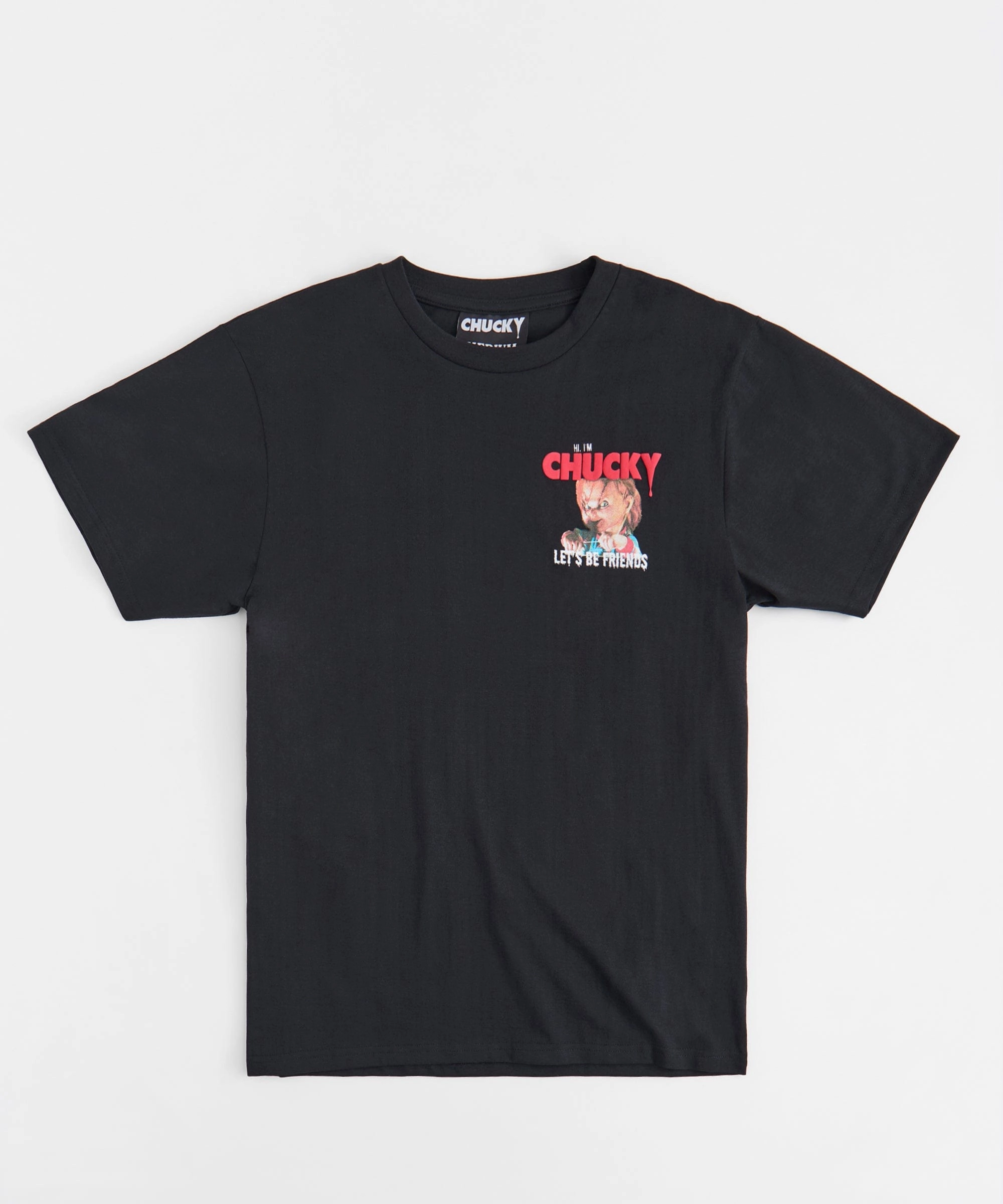 Classic Crew Neck Chucky Lets Be Friends Back Print Short Sleeve Tee - Black