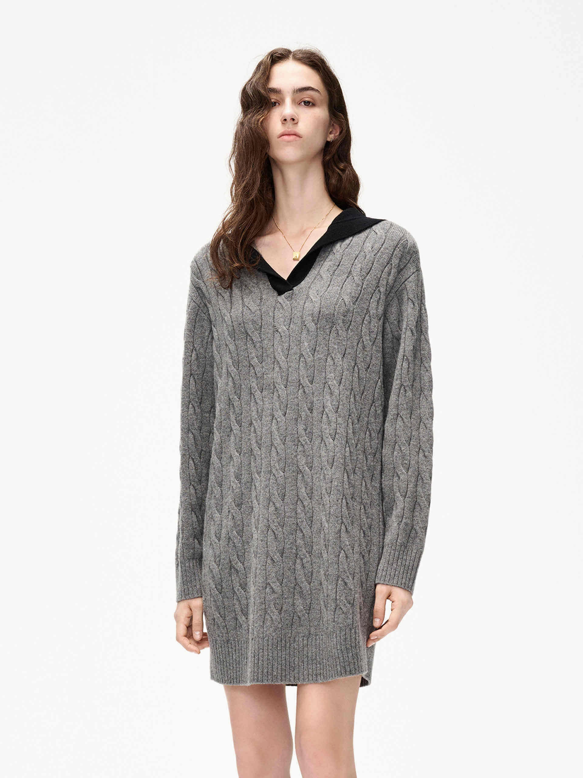Breathable Style Navy Collar Cable Knit Dress