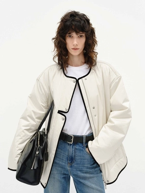 Contrast Trim Quilted Coat Layered Drape Reflective Trim