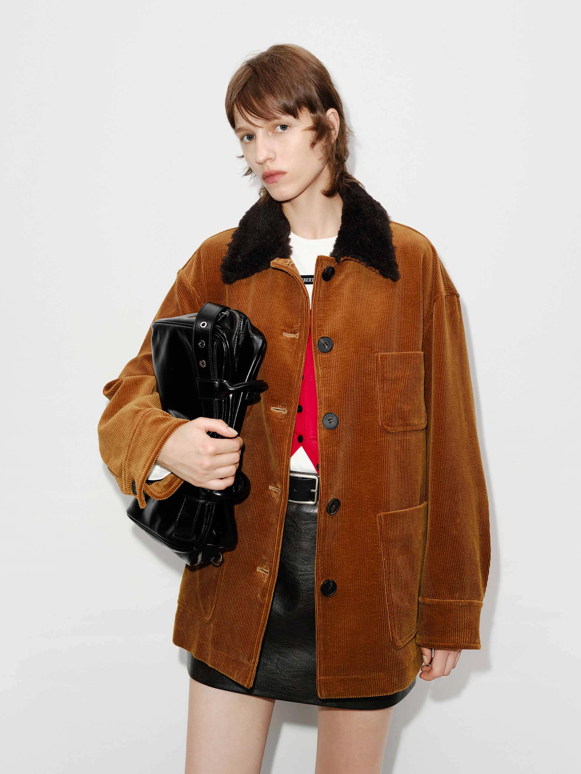 Contrast Collar Corduroy Coat Down Filled Sleek Style