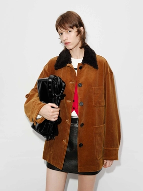 Contrast Collar Corduroy Coat Down Filled Sleek Style