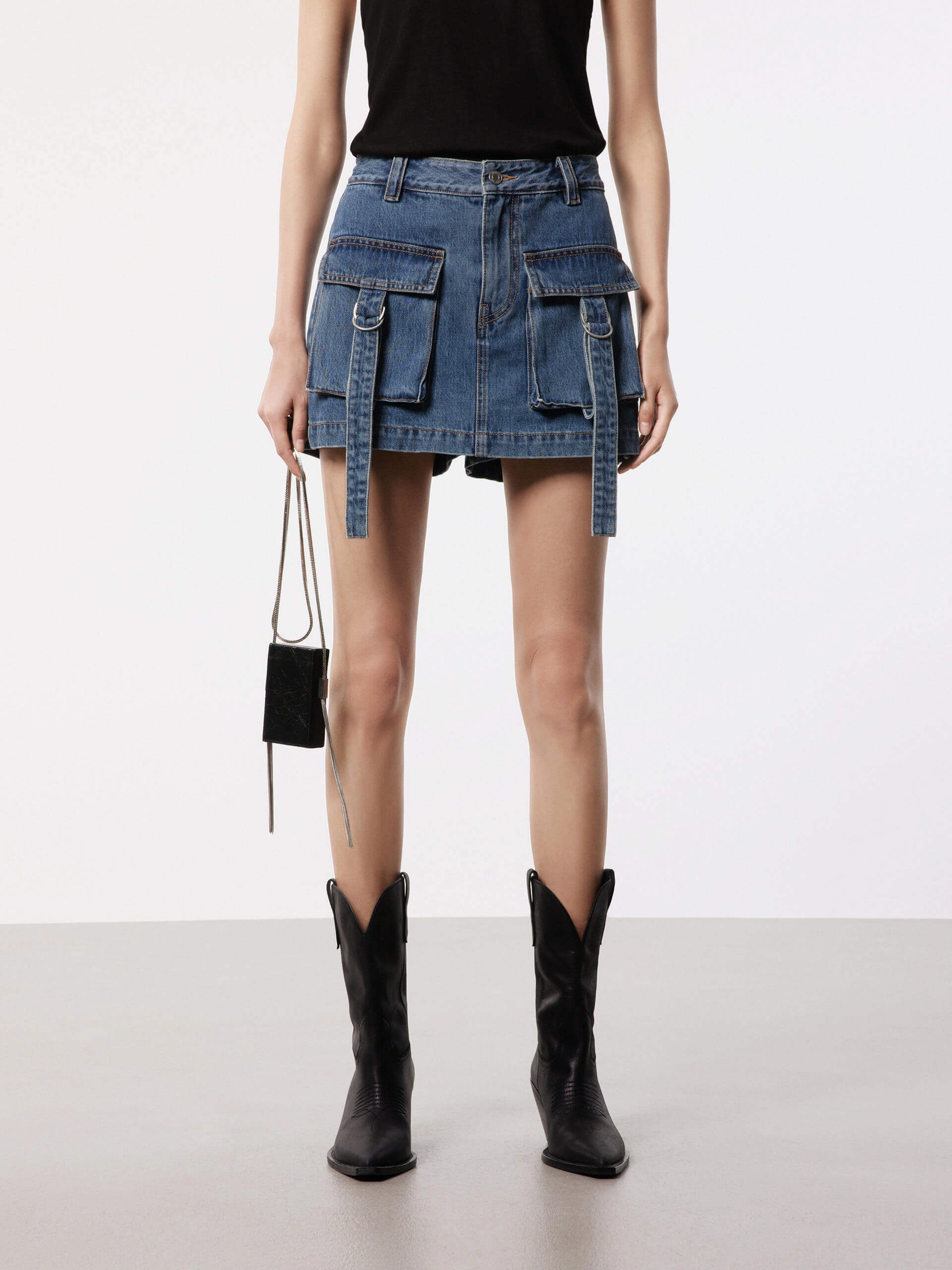 Recycled Polyester Anti Pilling Finish Cargo Pocket Denim Skorts