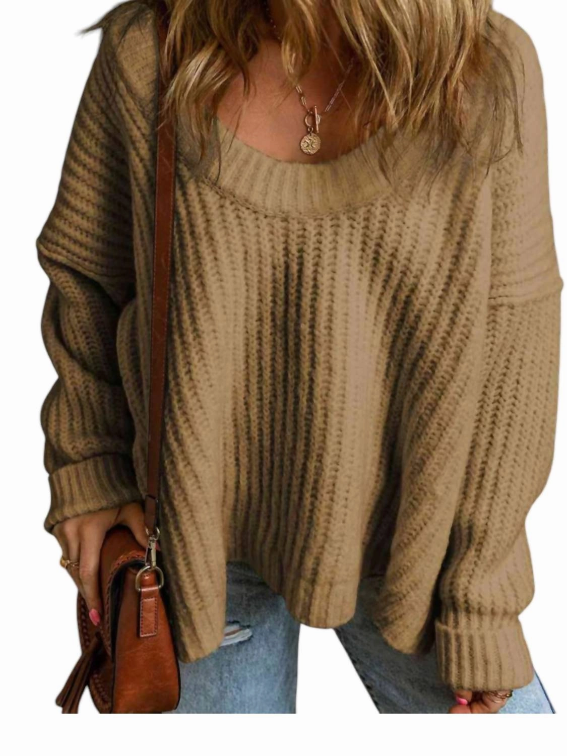 Soft Ribbed Knit Round Neck Slouchy Chunky Sweater In Brown Hygroscopic Fiber Blend Comfy Fit