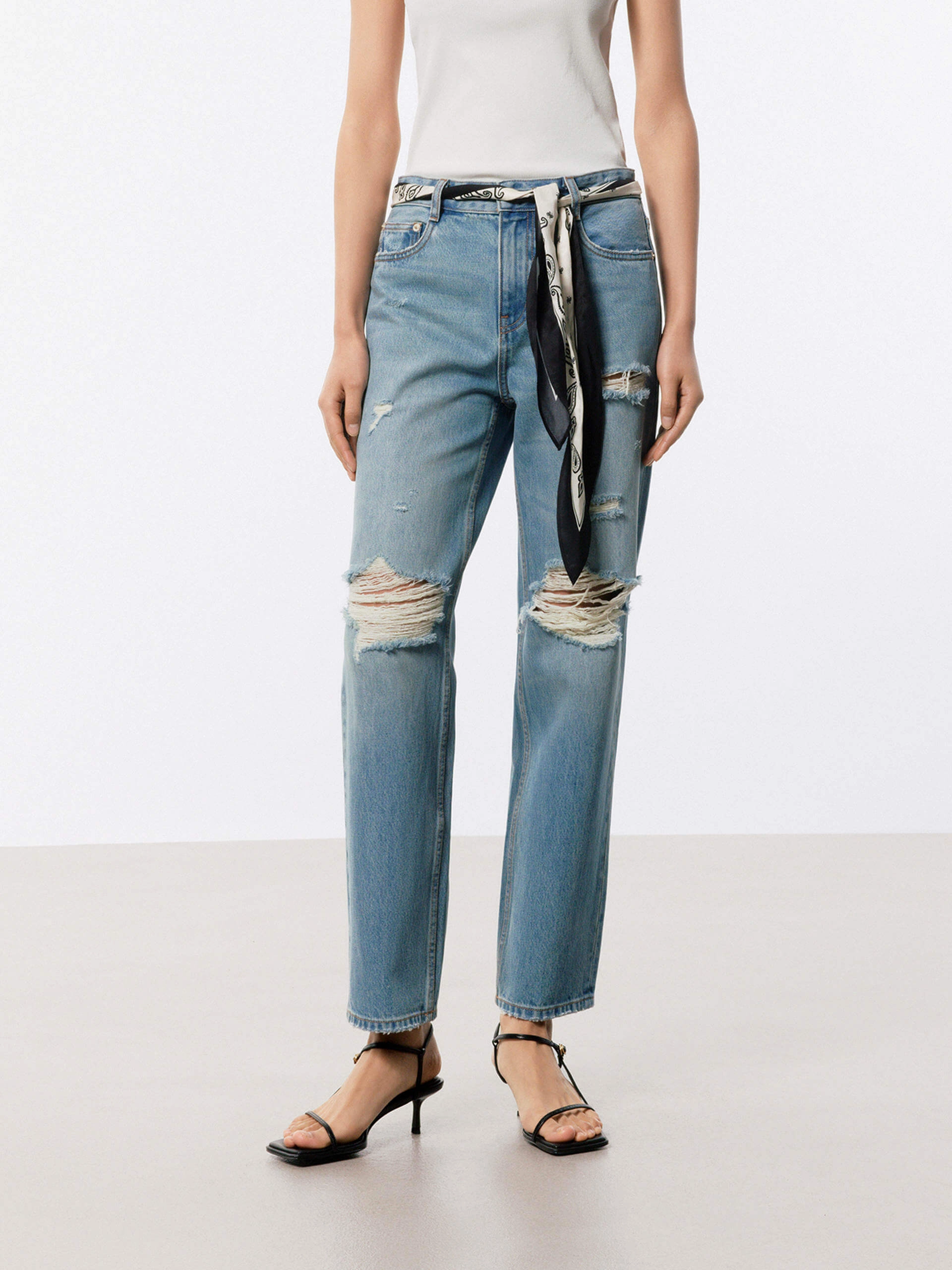Ripped Detail Ankle Jeans Work Ready Lightweight Textured