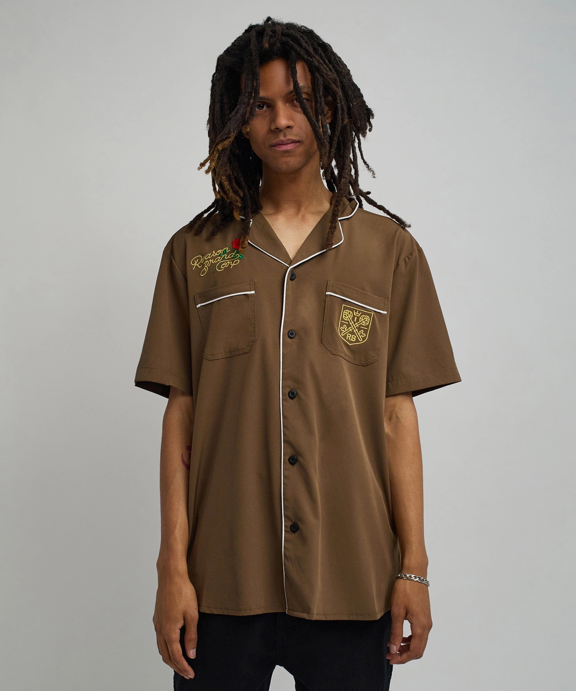 Clubmaster Short Sleeve Embroidered Button Down Shirt - Brown Light Reflective Printing