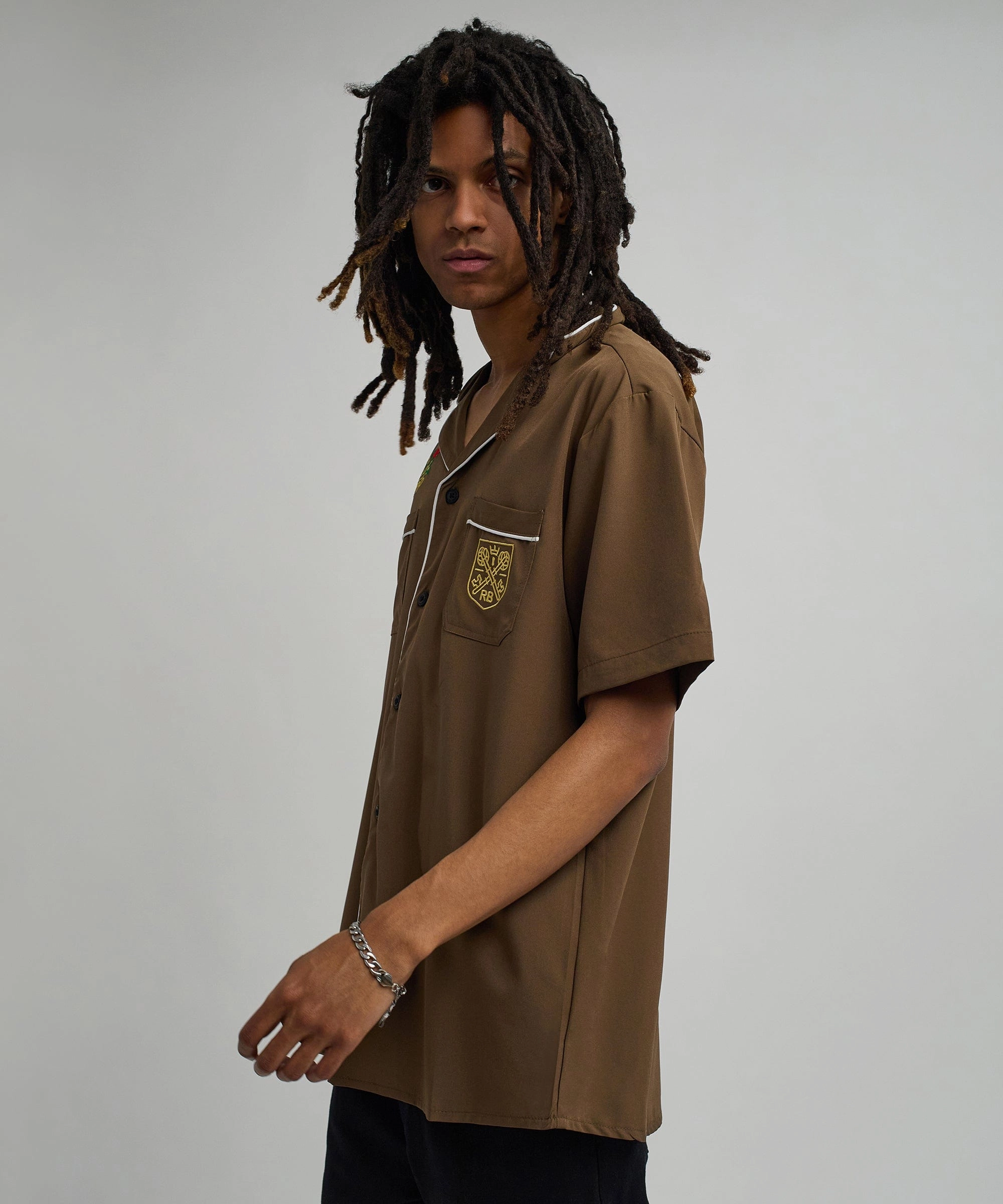 Casual Tee NonScratchSurface Clubmaster Short Sleeve Embroidered Button Down Shirt - Brown