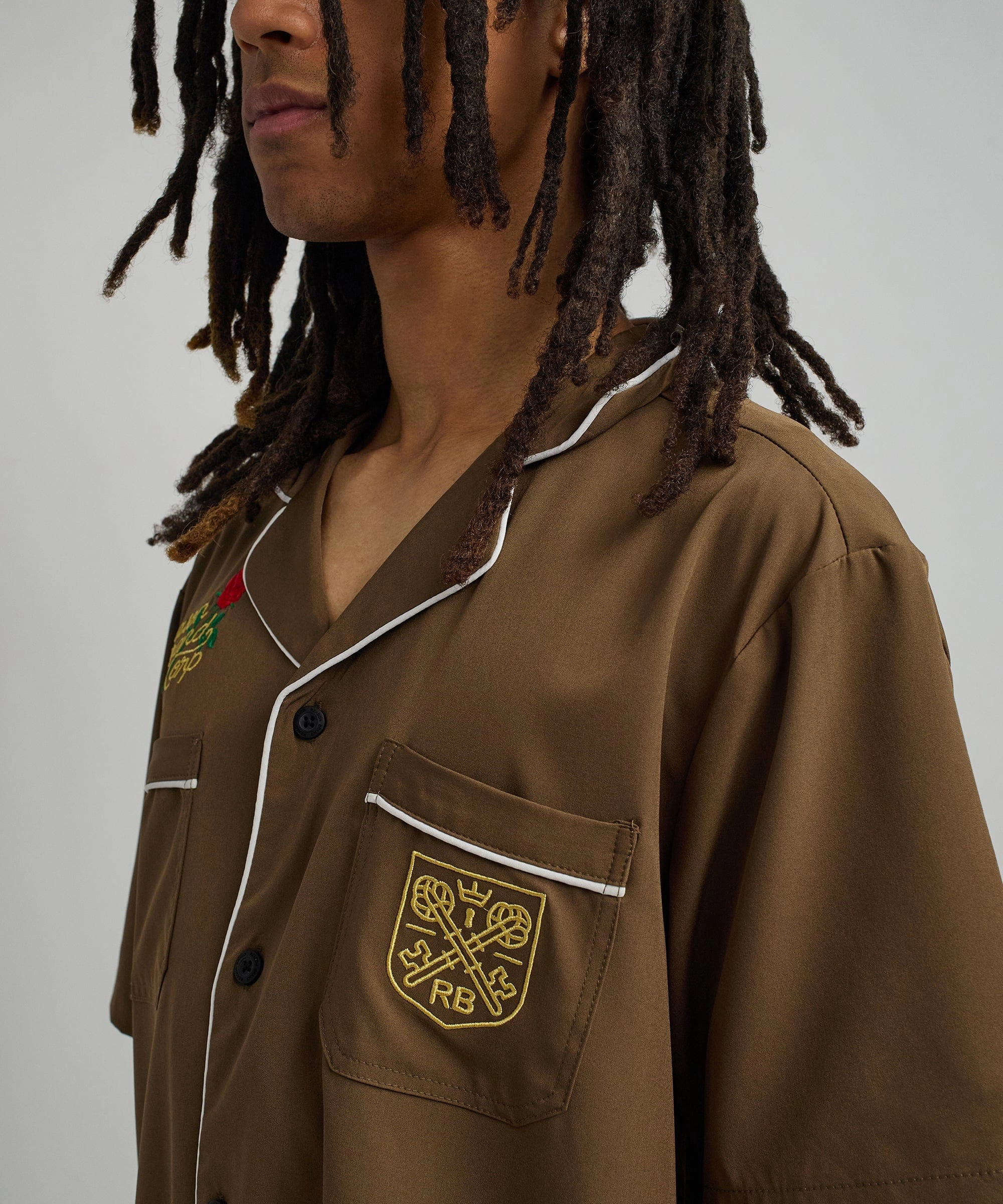Clubmaster Short Sleeve Embroidered Button Down Shirt - Brown Trendy Cardigan Snag Proof Weave