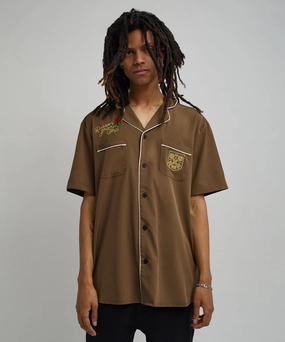 Clubmaster Short Sleeve Embroidered Button Down Shirt - Brown Light Reflective Printing