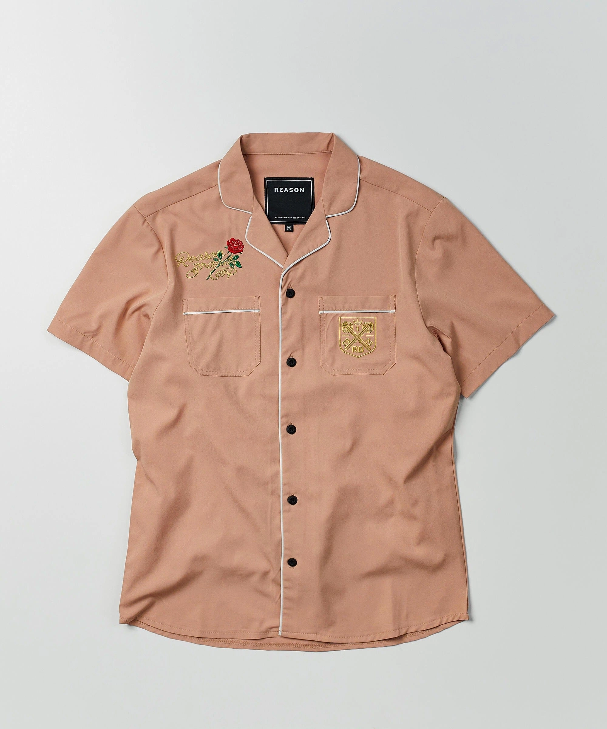 Clubmaster Short Sleeve Embroidered Button Down Shirt - Sand FoldableFeature