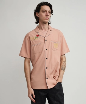 Clubmaster Short Sleeve Embroidered Button Down Shirt - Sand Contrast Stitch Detailing