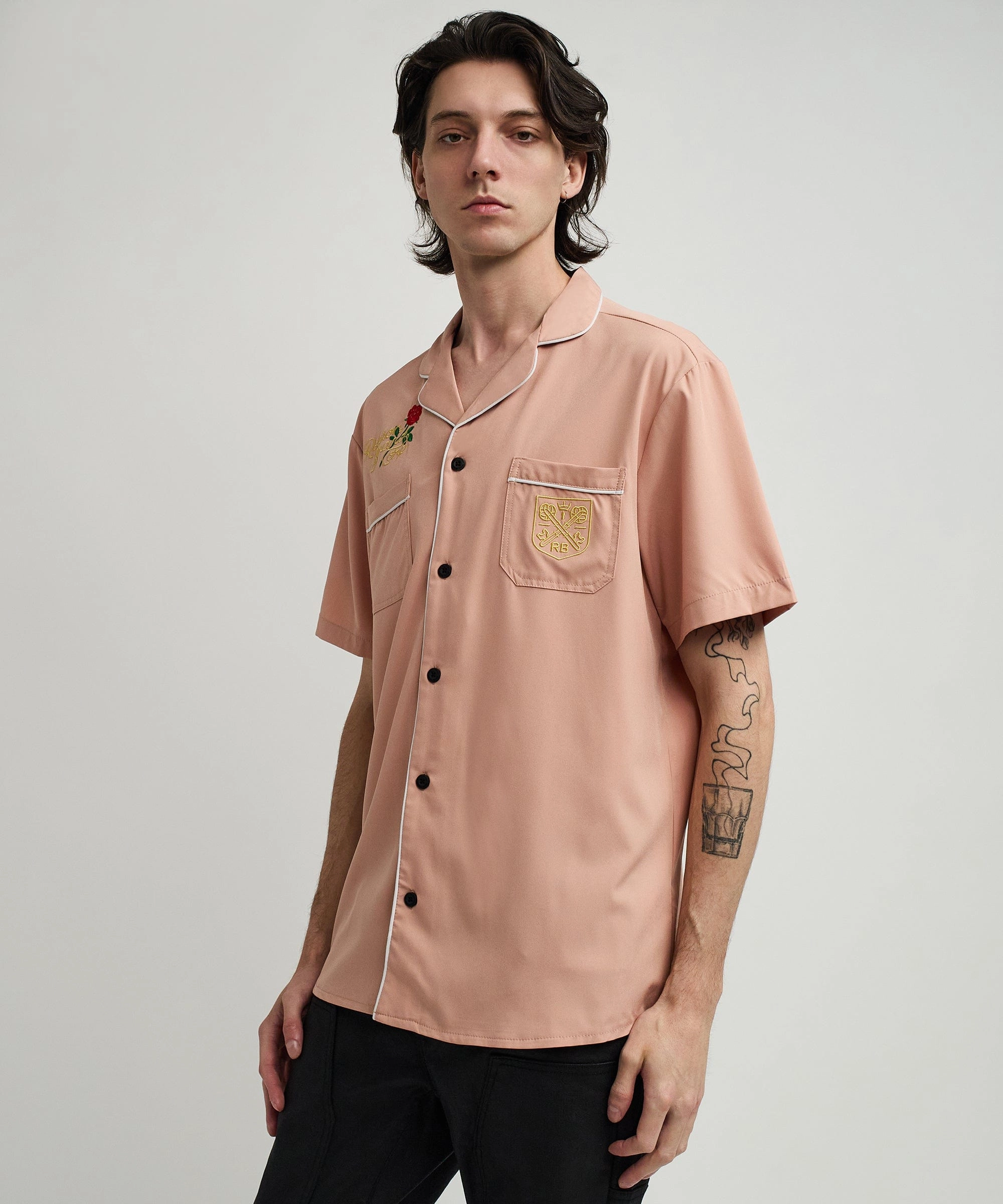 Clubmaster Short Sleeve Embroidered Button Down Shirt - Sand Recycled Polyester Material