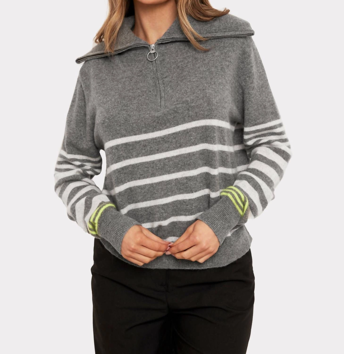 Breathable Knit Wear Sabrina Stripe Zip Polo In Mid Grey/haze Neon Yellow