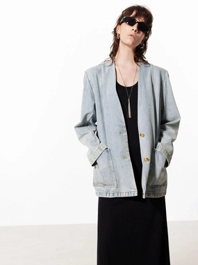 Collarless Oversize Jacket Reinforced Shoulder Padding