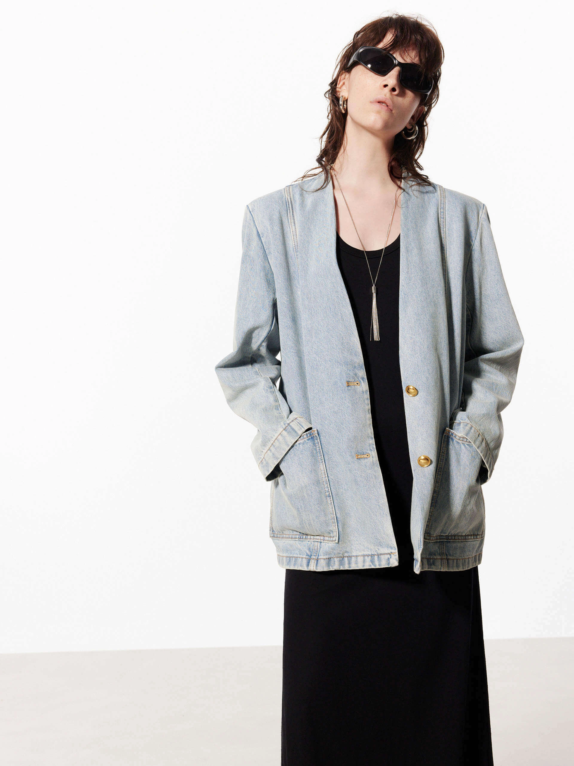 Collarless Oversize Jacket Reinforced Shoulder Padding