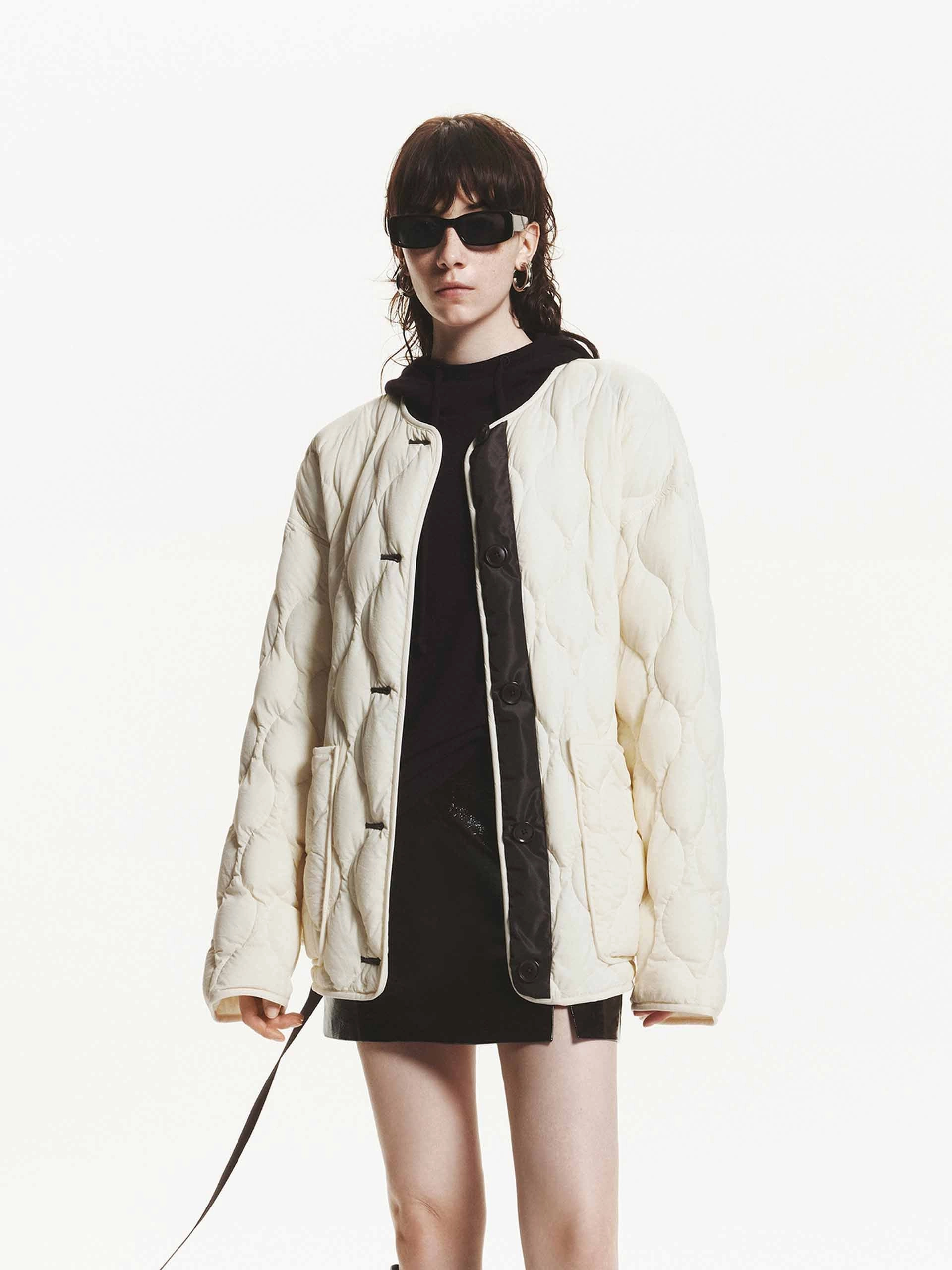 Collarless Quilted Tie Jacket Sustainable Material Seam Sealed