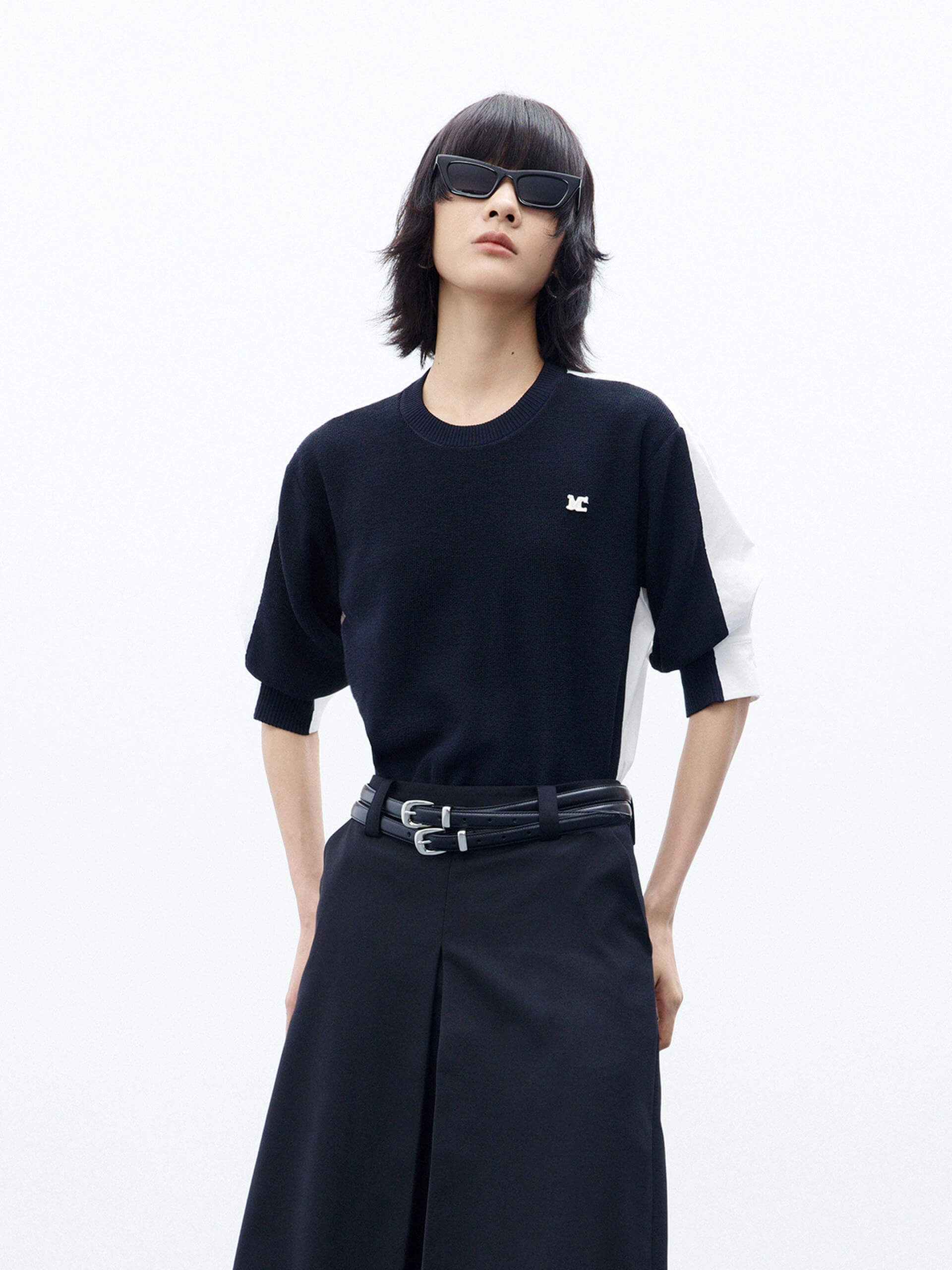 Roll Up Sleeve Design Color Block Layered Top