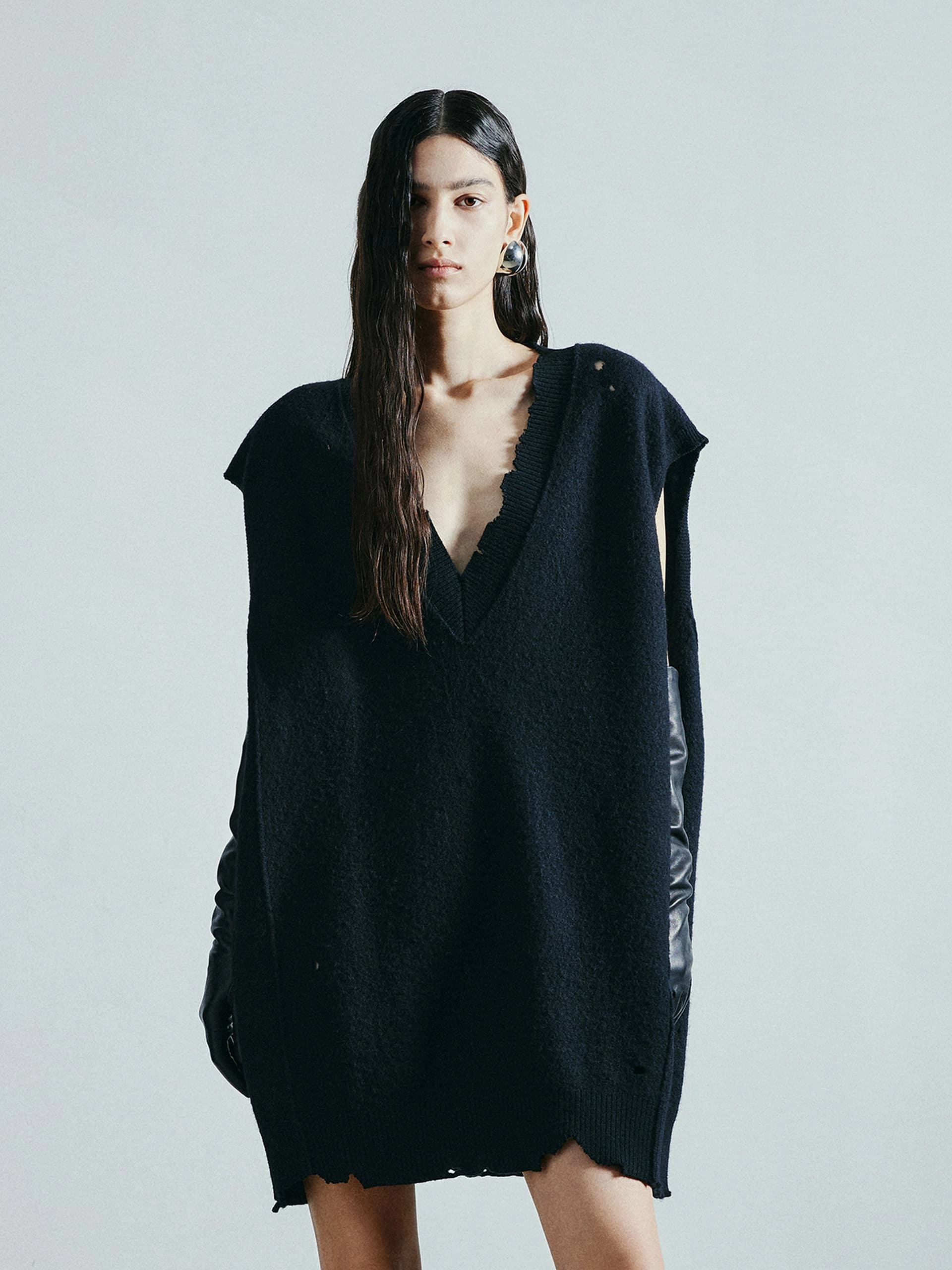 V-neck Wool Mini Dress Gloss Finish