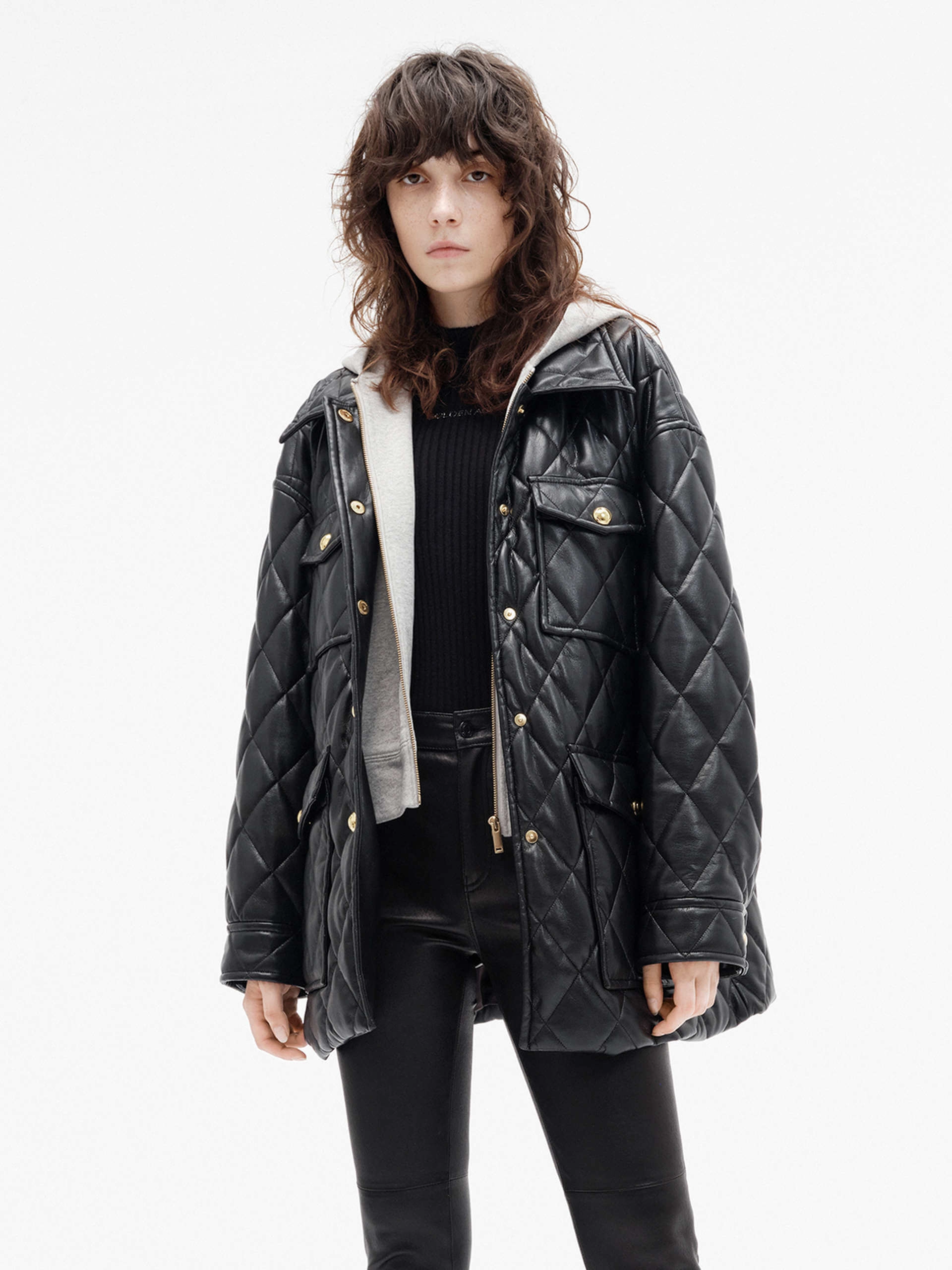 Layered PU Leather Quilted Jacket Simple Layers