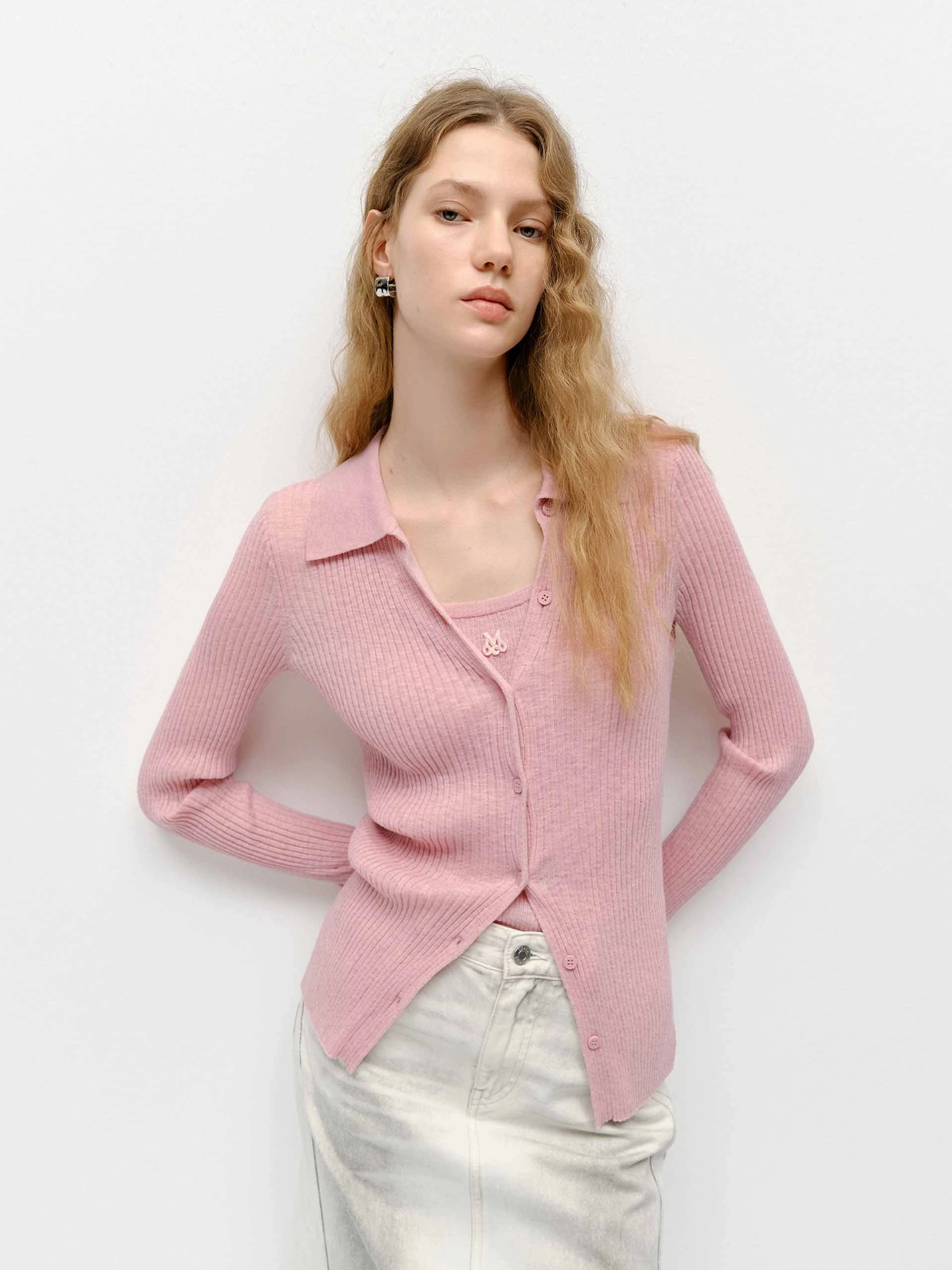 MicrofiberBlend Polo Collar Knit Cardigan