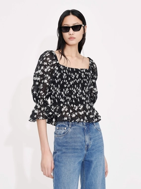 Smocked Front Chiffon Top Anti Odor Treatment Relaxed Top