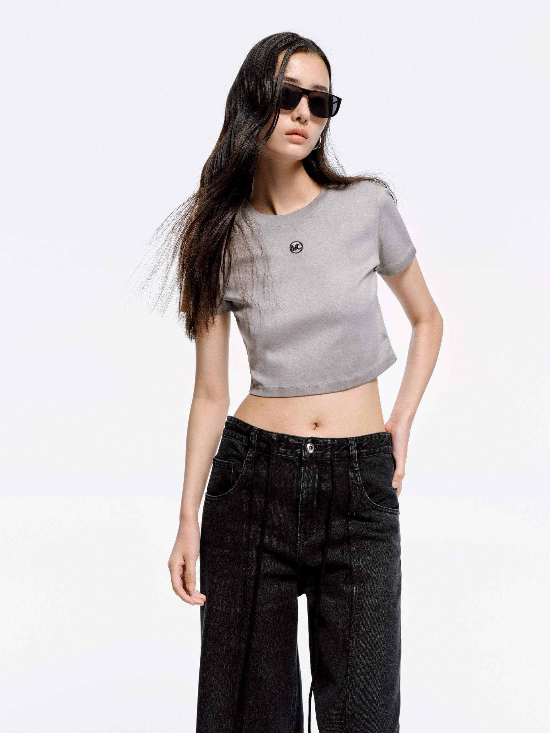 Leather combination Garment Dyed Technique Cropped Fit Cotton T-shirt