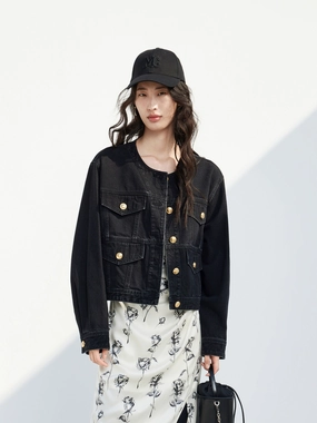 Collarless Cotton Denim Jacket Lightweight Weave summer look