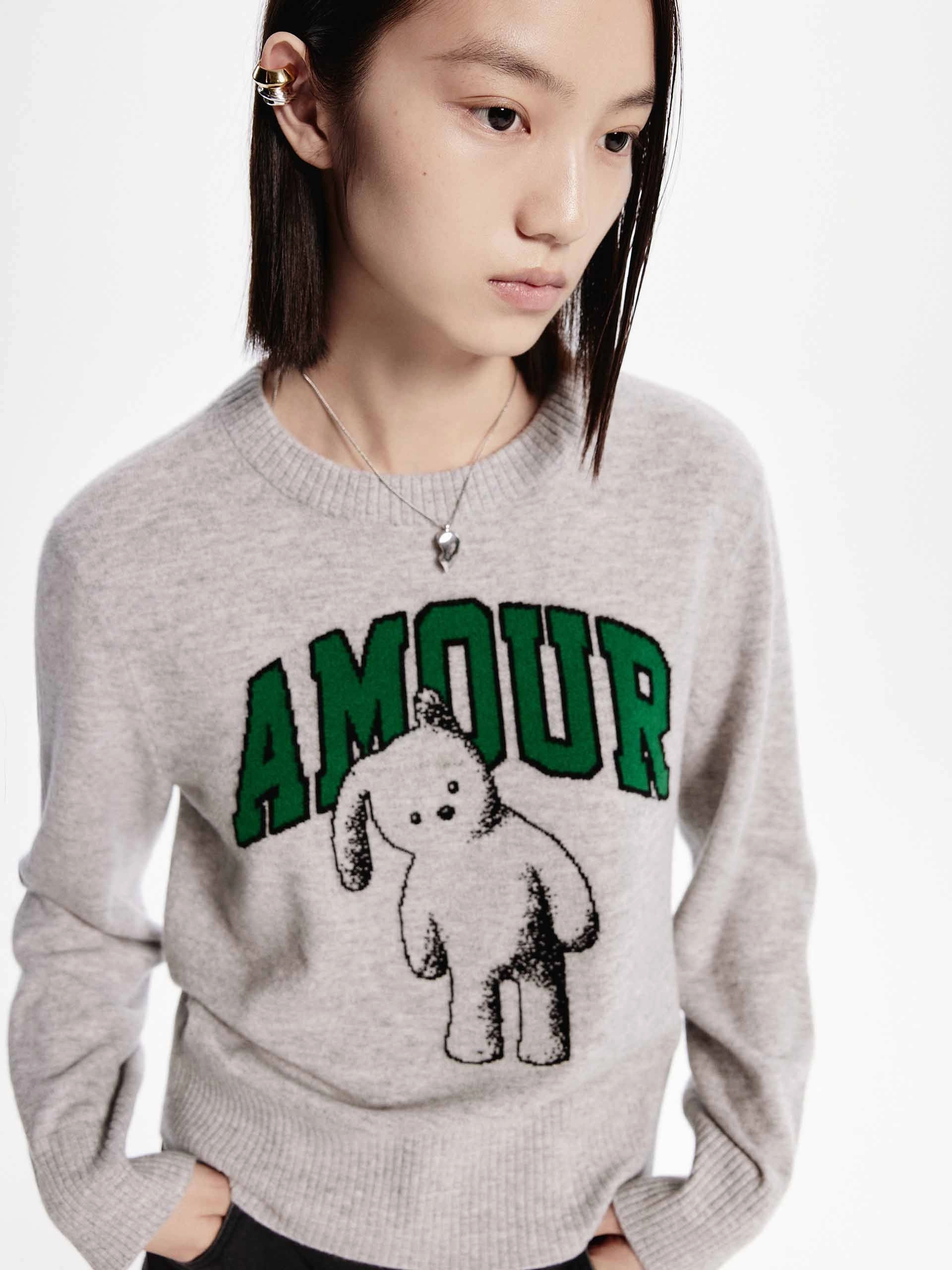 Animal Pattern Wool Sweater Regular Fit Brushed Inner Layer