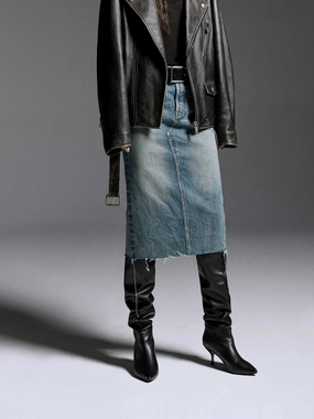 Fashionable Waist Back Slit Midi Denim Skirt