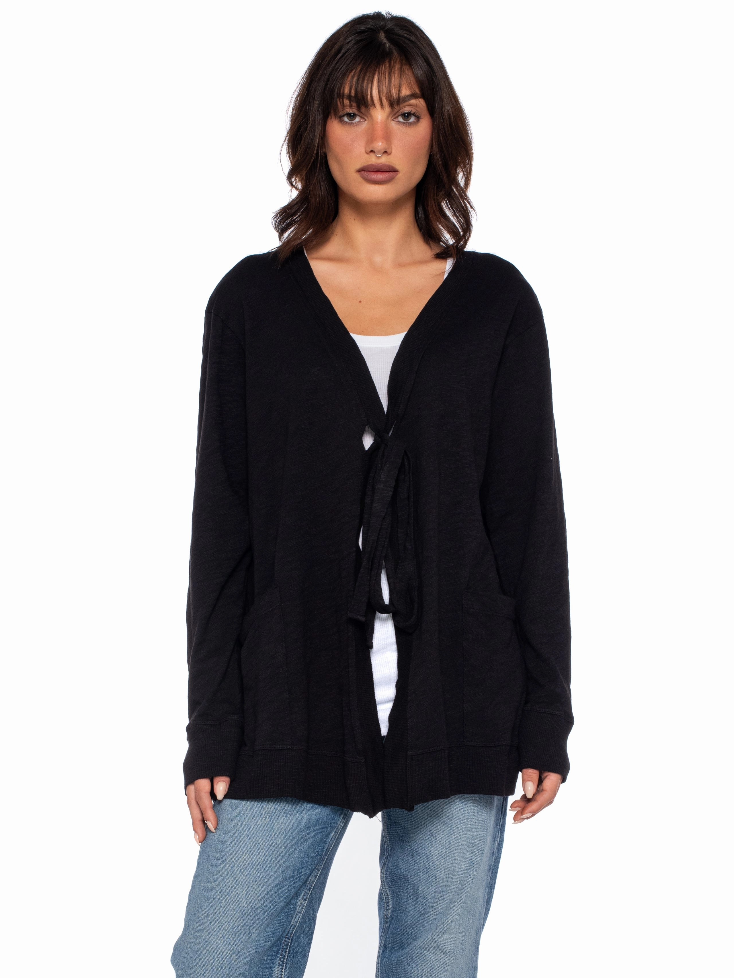 Snuggle Look Tie Front L/S Rib Mix Cardigan