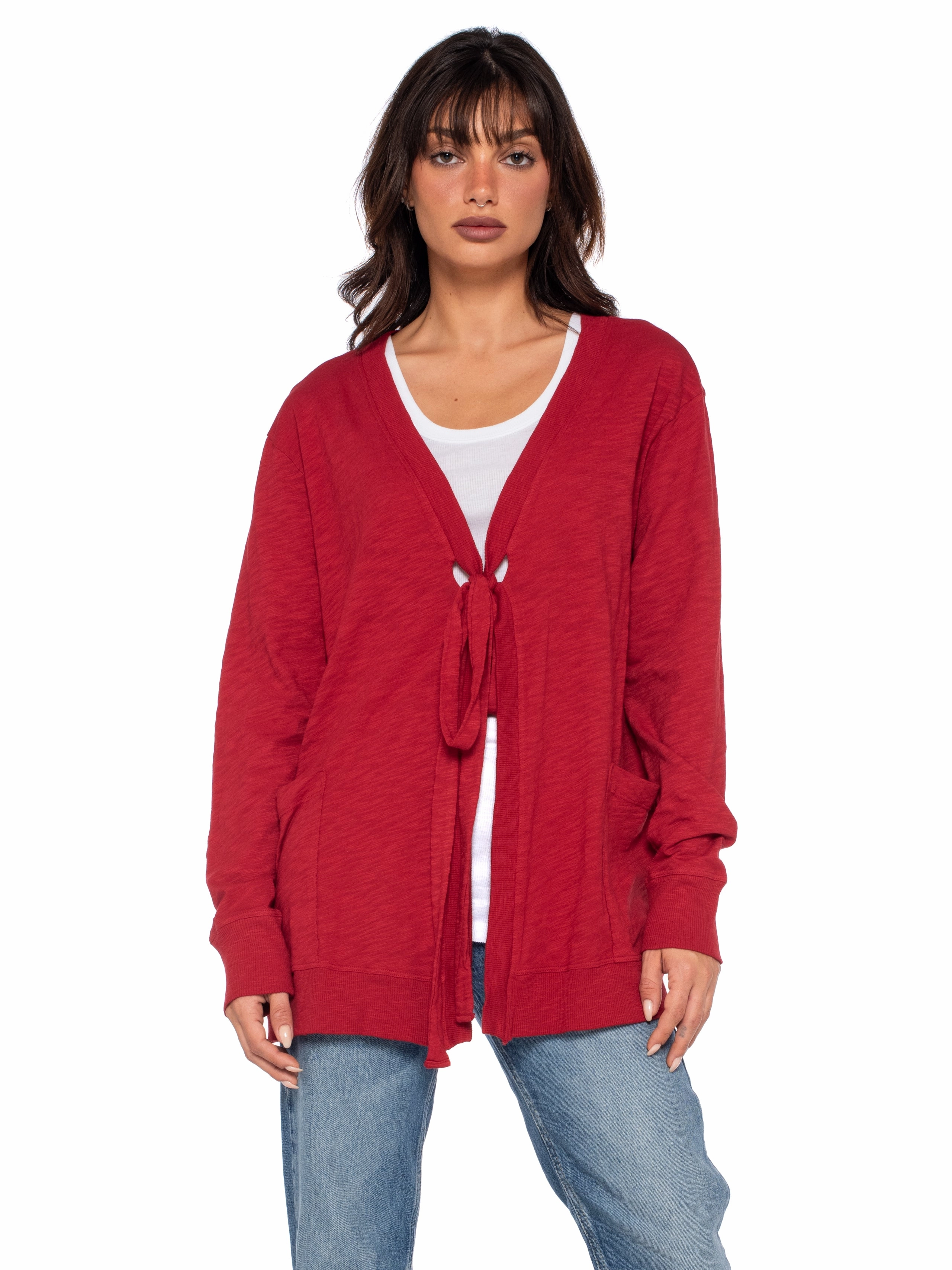 Tie Front L/S Rib Mix Cardigan Knit Apparel