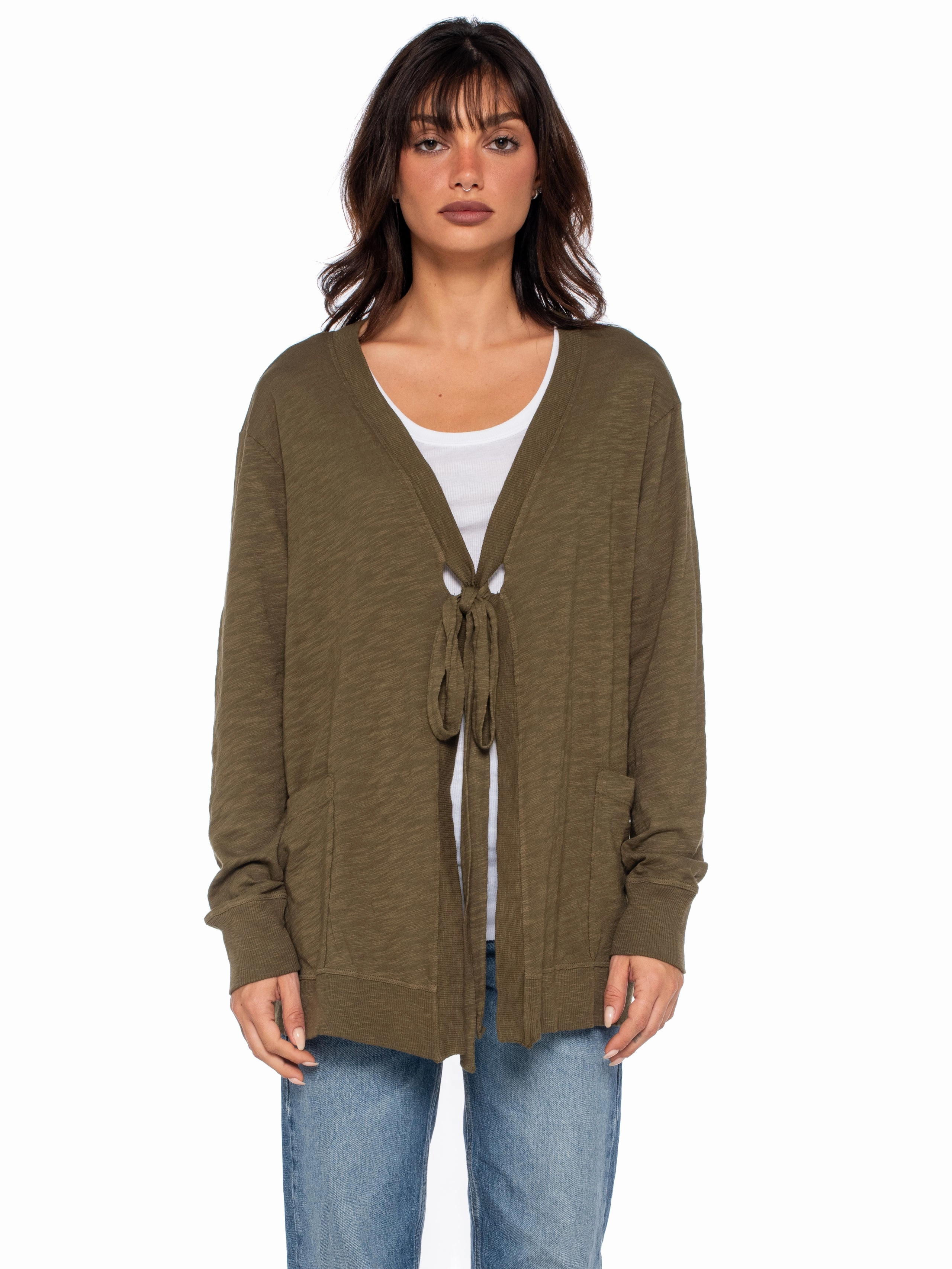 Tie Front L/S Rib Mix Cardigan Chilly Comfort Look Soft Knitwear