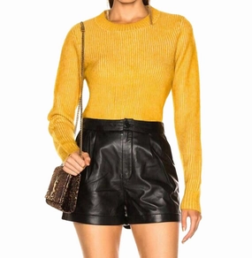 Crew Neck Solid Wool Blend Pullover Sweater In Mustard Classic Knit