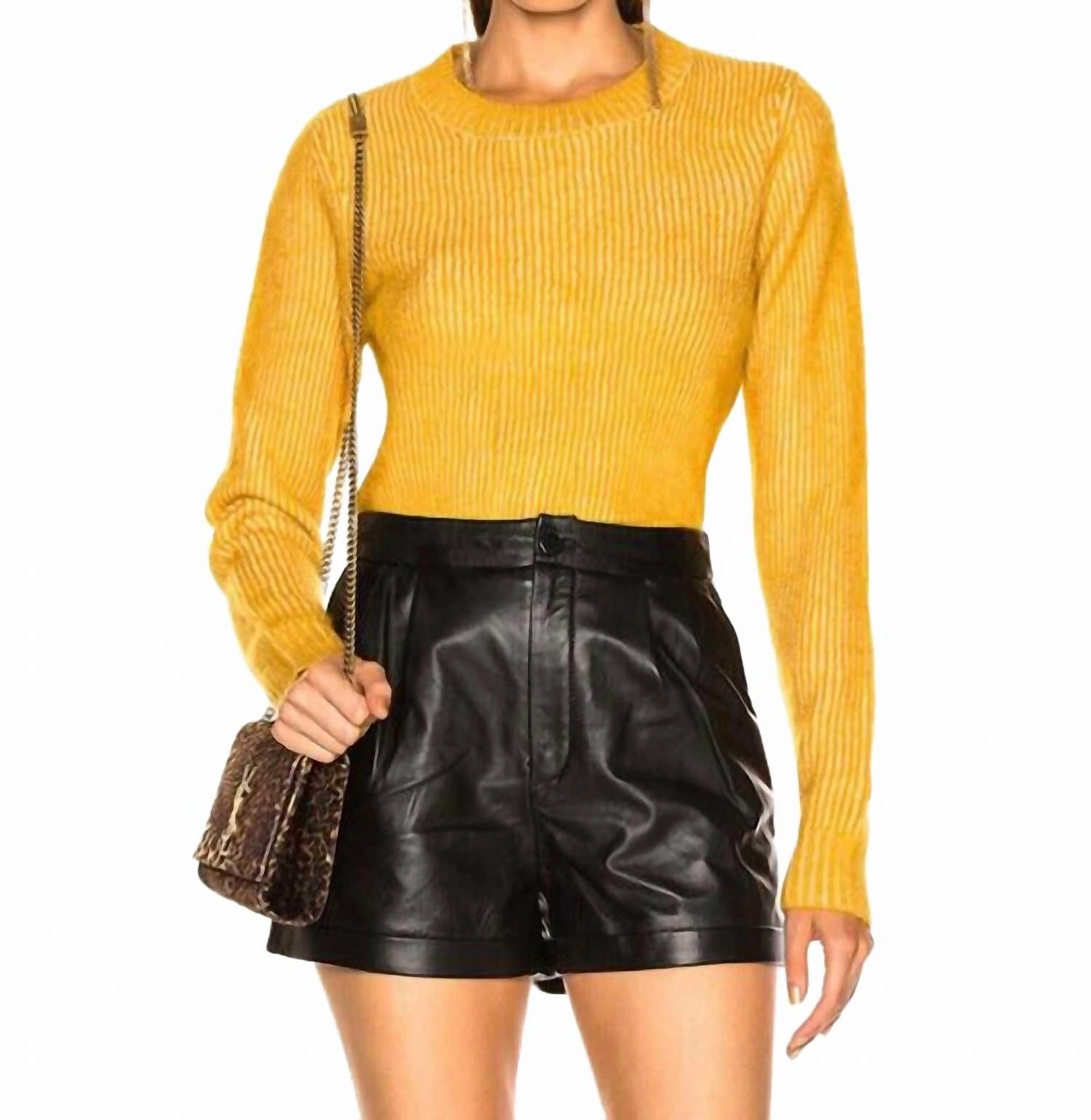 Crew Neck Solid Wool Blend Pullover Sweater In Mustard Classic Knit