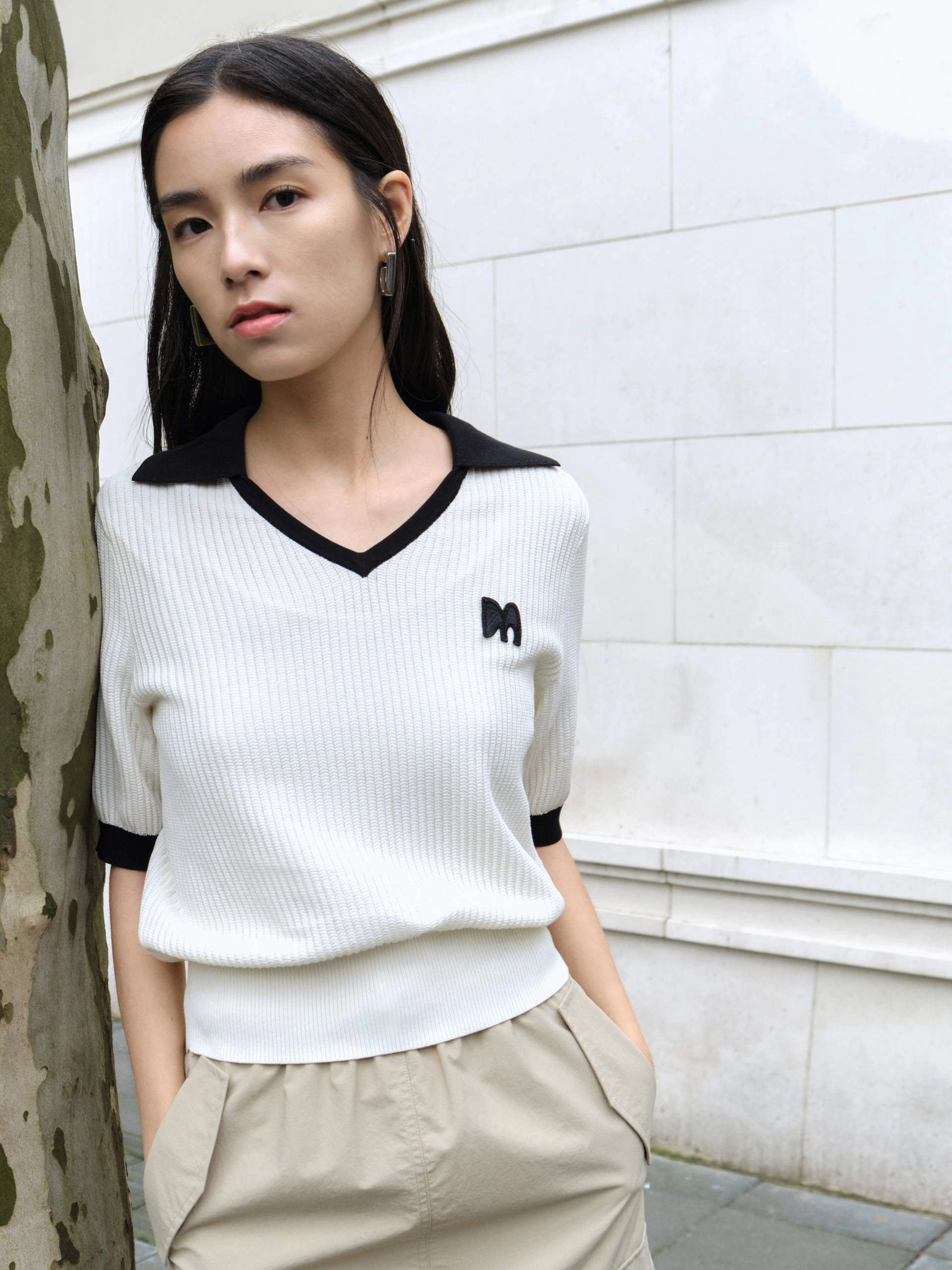 Contrasting Rib Knit Top Wool Sweater